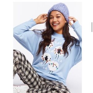 Forever 21 Light Blue Sweatshirt Holiday Sheep Graphic Pullover Large